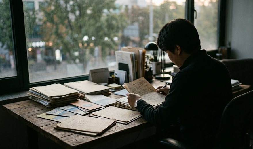 보험 리모델링 상담 전 여러 보험 증권을 비교 검토하는 뒷모습
