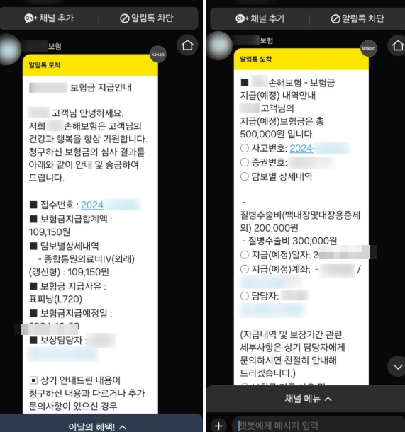 표피낭종 질병수술비 보험금 지급 안내를 담은 카카오 알림톡 캡처, 담보별 지급금액 상세