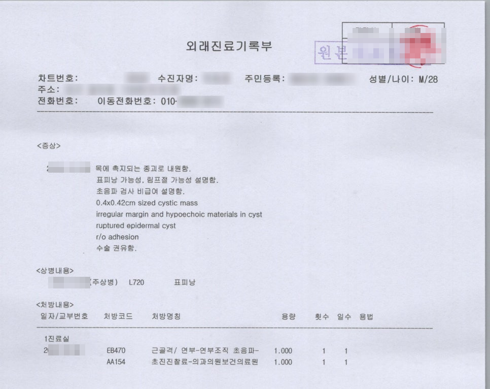 표피낭종(L720) 진단 경위가 기록된 외래진료기록부, 증상 소견 및 초음파 검사 처방 내역