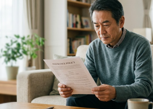 험 증권을 직접 확인하는 손 클로즈업 실사 사진