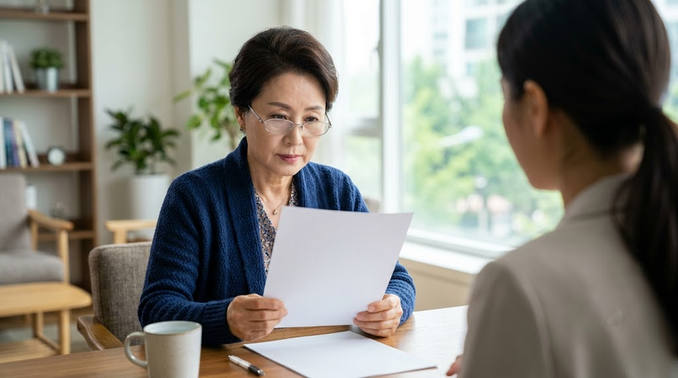 보험 담당자 변경 후 해지 권유를 받고 서류를 신중히 살펴보는 60대 여성