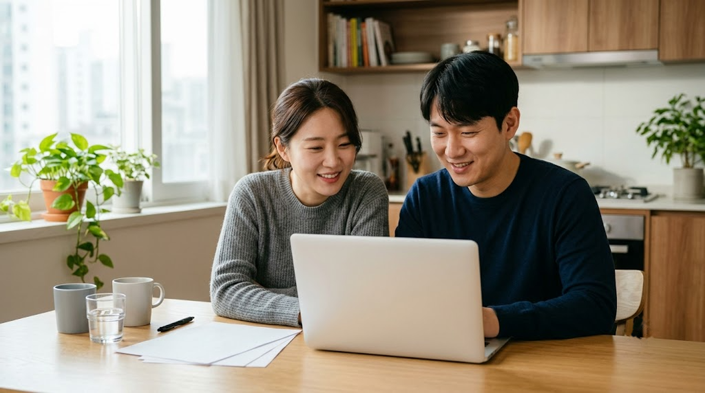 보험 담당자 변경 전 보장 내용을 노트북으로 함께 점검하는 부부