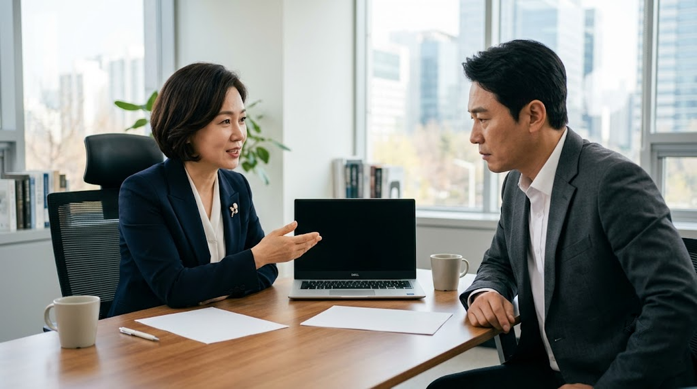 자율주행 사고 책임을 가리기 위해 주행 기록을 함께 확인하는 보험 담당자와 40대 운전자