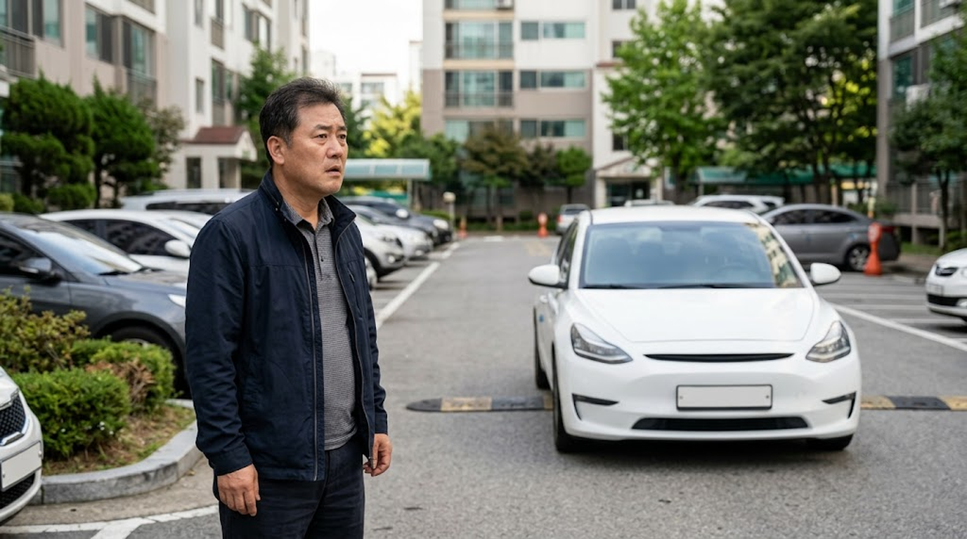운전석이 빈 차를 걱정스럽게 바라보는 50대 남성