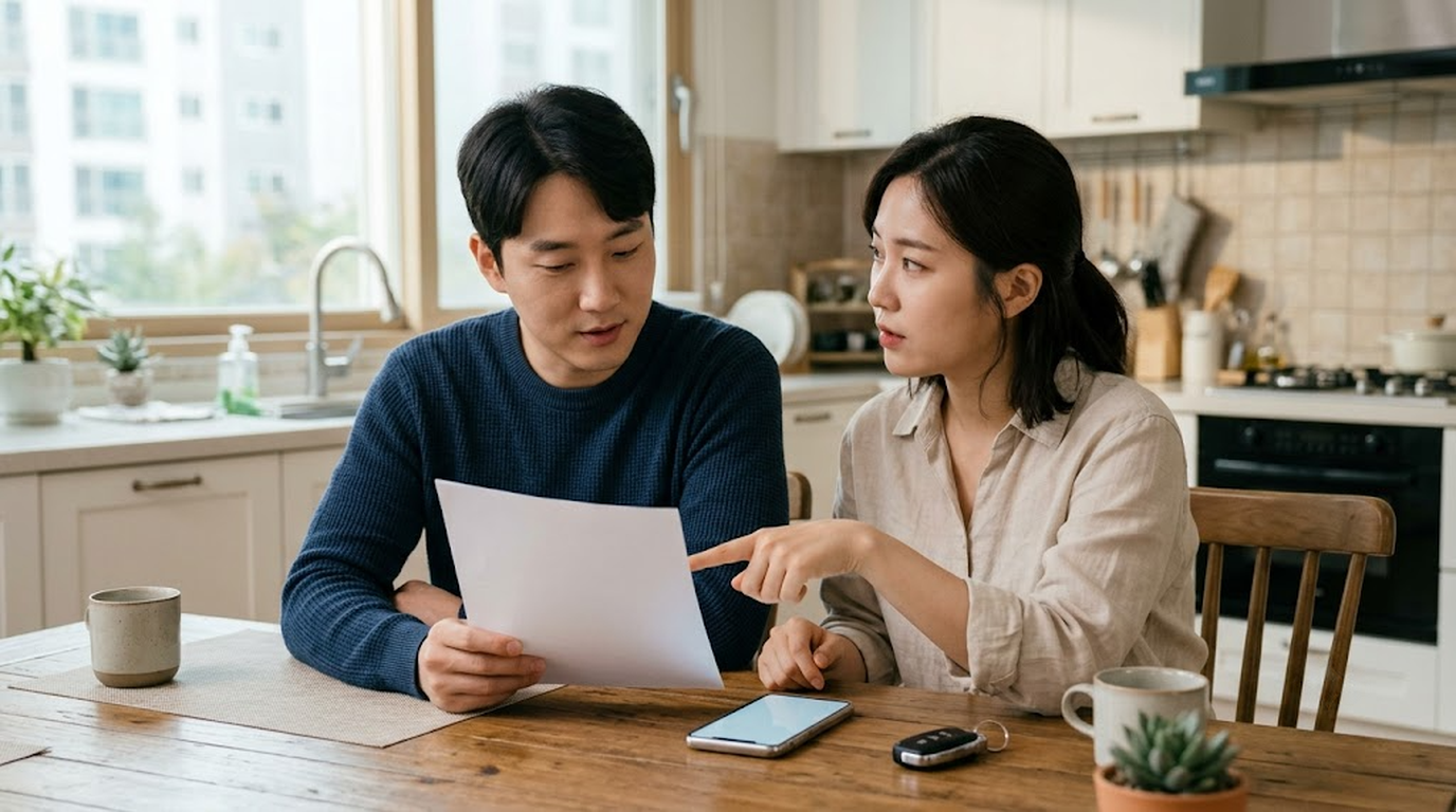 자율주행 사고 책임에 대비해 보험 증권을 함께 점검하는 30대 남녀