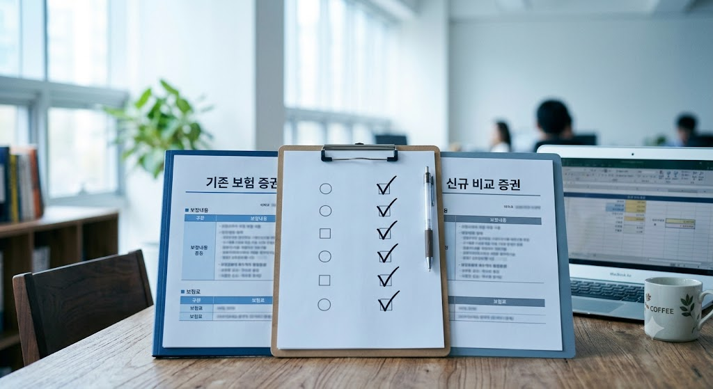 보험 갈아타기 전 두 증권을 나란히 비교하며 체크하는 책상 풍경