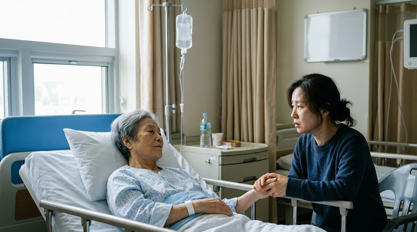 병실에서 입원한 어머니 곁을 지키며 간병인보험 증권을 떠올리는 40대 딸