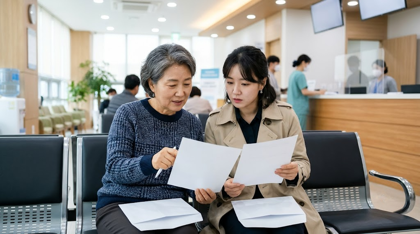병원 원무과 앞에서 입원 서류와 간병인보험 증권을 나란히 펼쳐 보는 60대 어머니와 딸