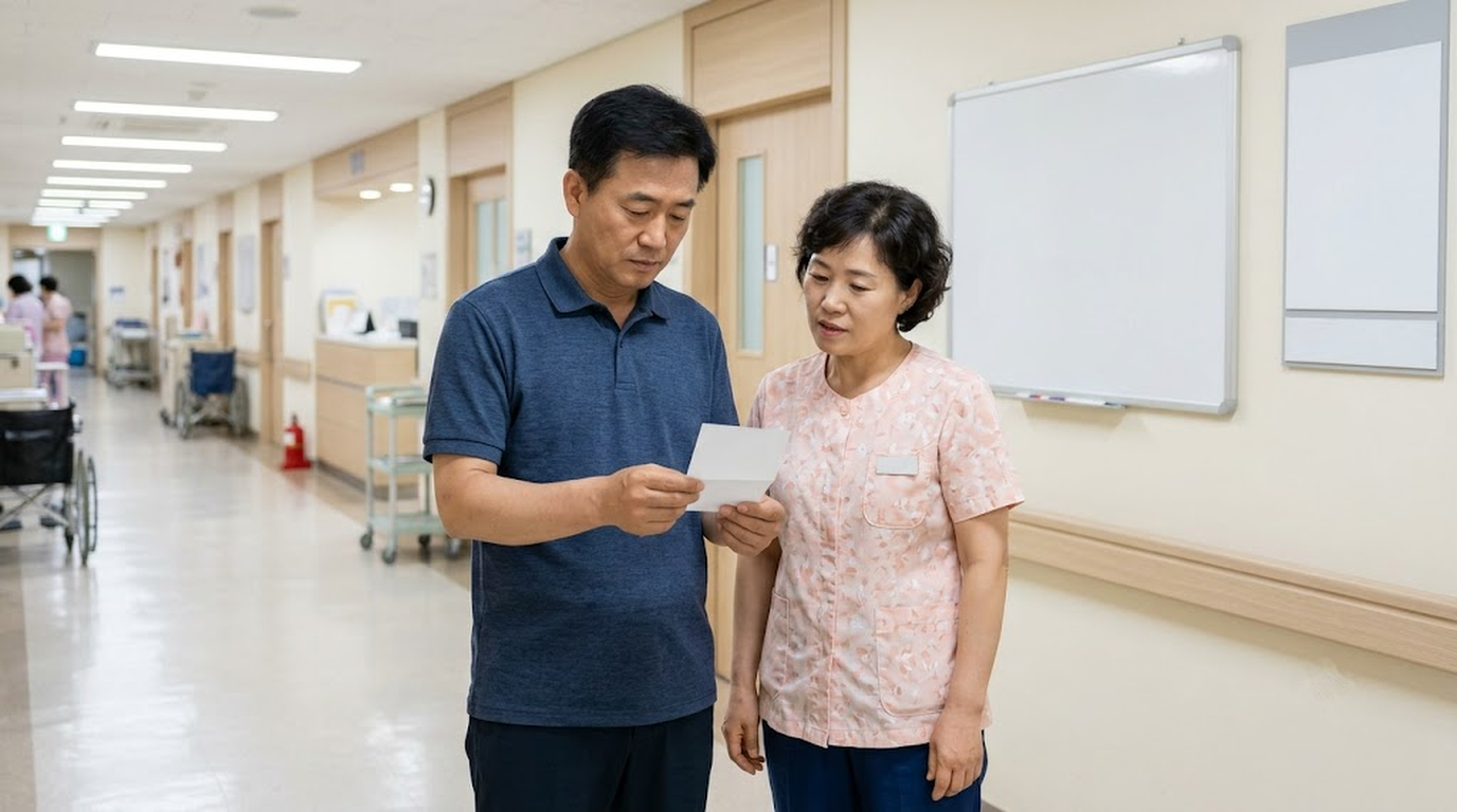 병원 복도에서 간병인과 함께 간병비 영수증을 확인하며 간병인보험 청구를 준비하는 50대 아들
