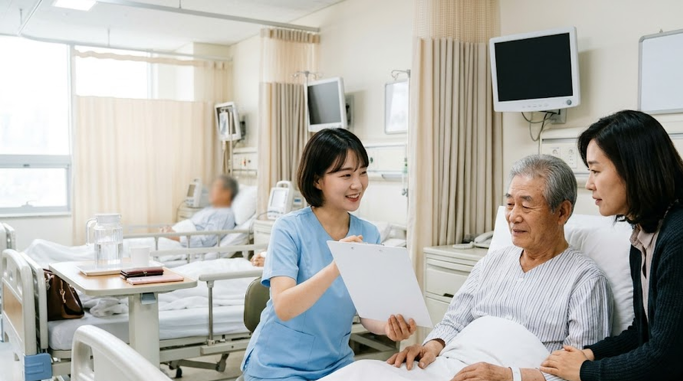 간호·간병통합서비스 병동에서 간호사의 설명을 듣는 70대 아버지와 간병인보험을 확인하는 딸