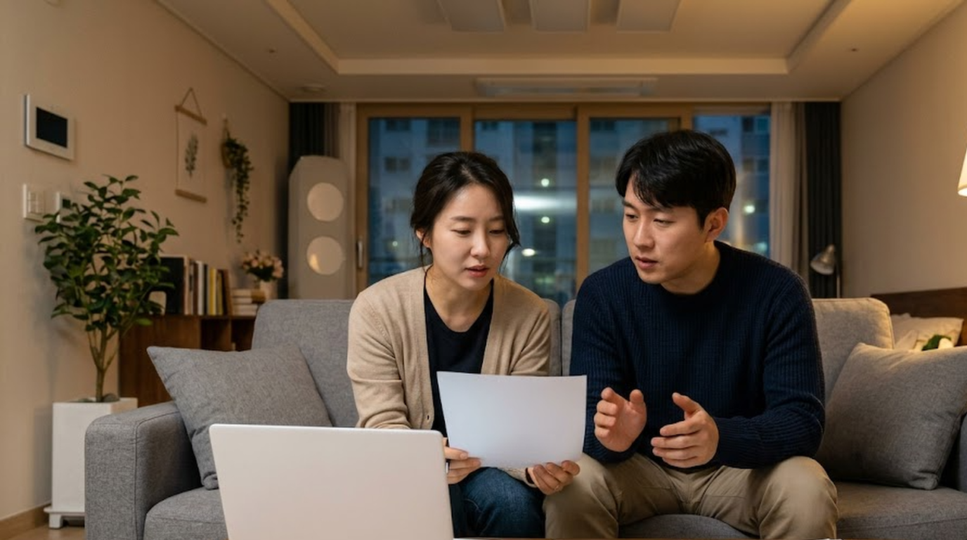 거실에서 노트북으로 부모님 간병인보험 약관의 유형과 지급 조건을 함께 살펴보는 30대 부부