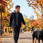 공원에서 입마개와 목줄을 한 대형견과 산책하며 맹견 종류 해당 여부를 확인하는 30대 견주