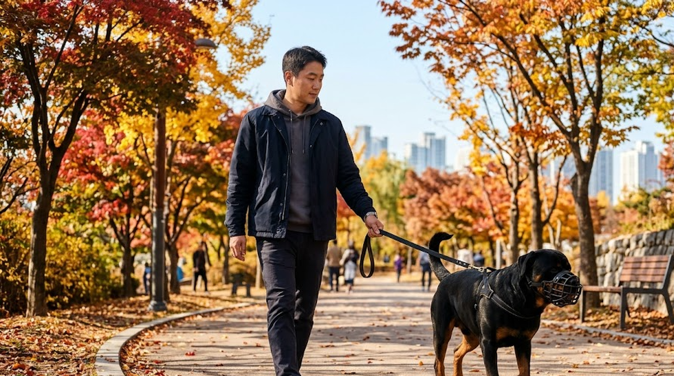 공원에서 입마개와 목줄을 한 대형견과 산책하며 맹견 종류 해당 여부를 확인하는 30대 견주