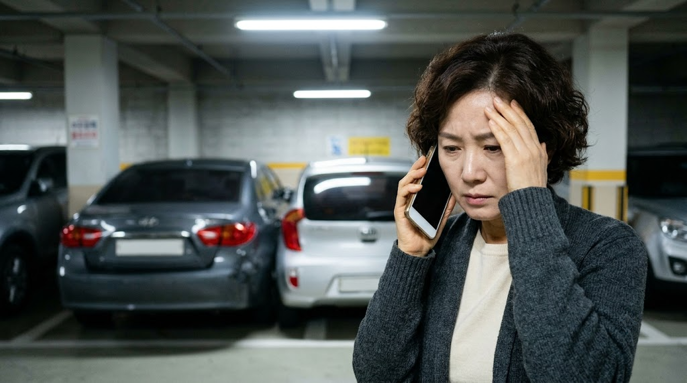 이중주차 사고 직후 주차장에서 휴대폰으로 통화하며 당황한 표정을 짓는 40대 여성