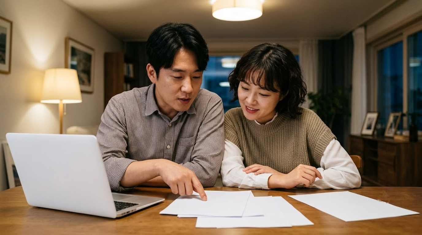 식탁에서 노트북과 보험 증권을 보며 일배책 특약을 확인하는 30대 부부