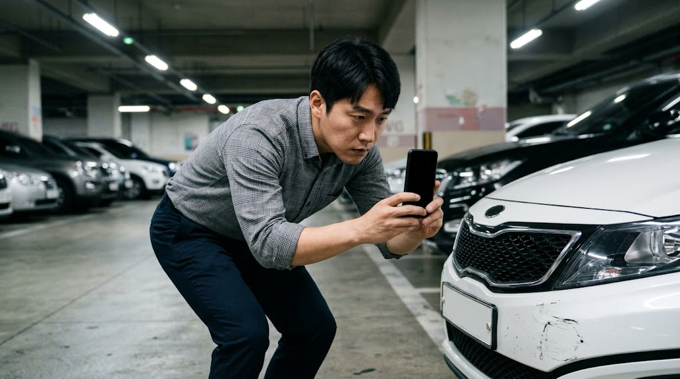 이중주차 사고 현장에서 휴대폰으로 차량 손상 부위를 촬영하는 30대 남성