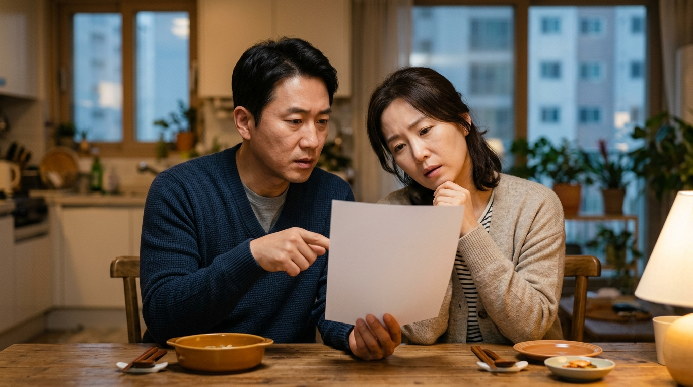 운전자보험 변호사선임비용 한도가 줄었는지 식탁에서 증권을 함께 살펴보는 부부
