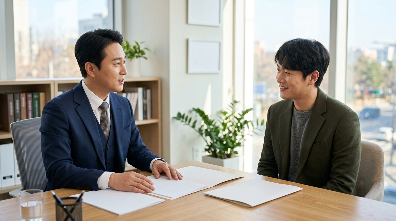 운전자보험 변호사선임비용 대신 연결된 변호사와 상담 테이블에서 이야기하는 운전자