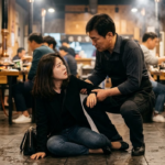 음식점 바닥에 넘어진 손님을 부축하며 영업배상책임보험을 떠올리는 40대 사장