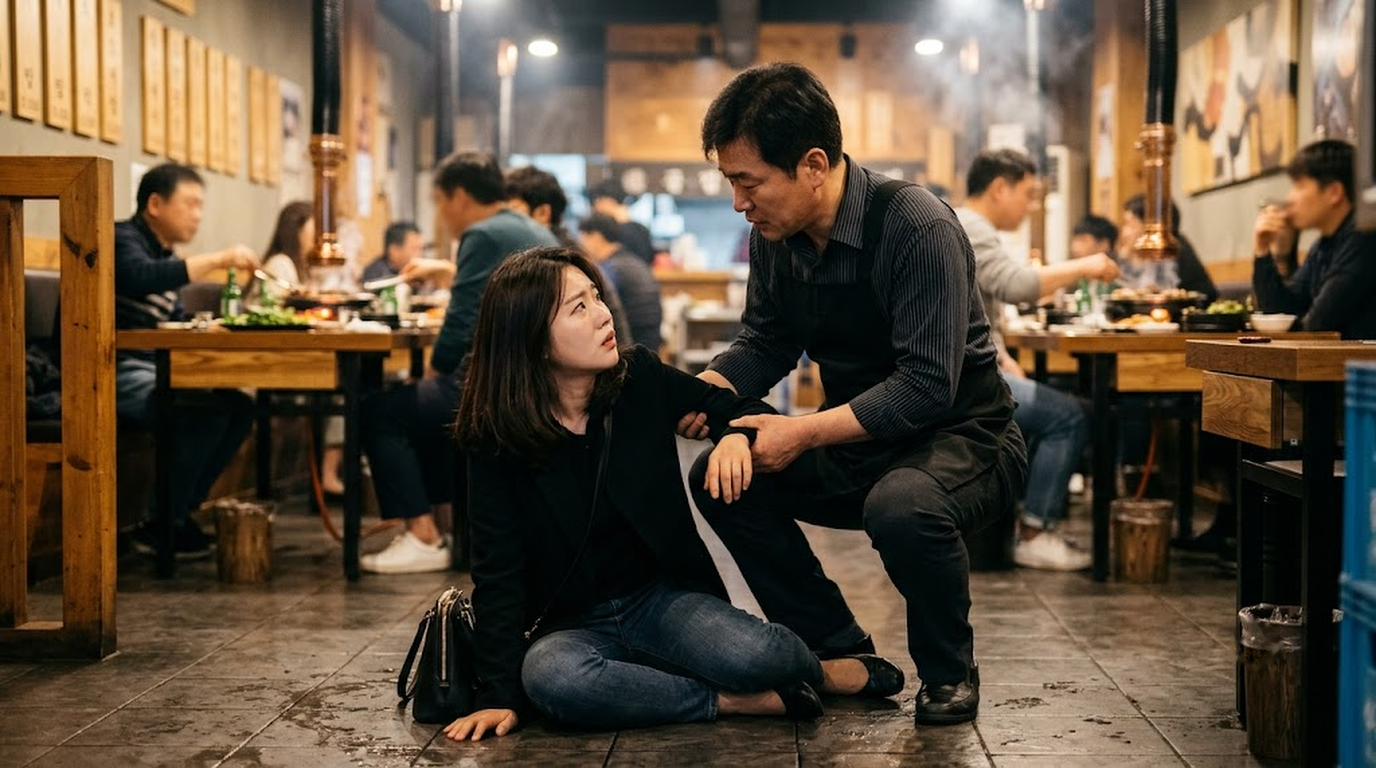 음식점 바닥에 넘어진 손님을 부축하며 영업배상책임보험을 떠올리는 40대 사장