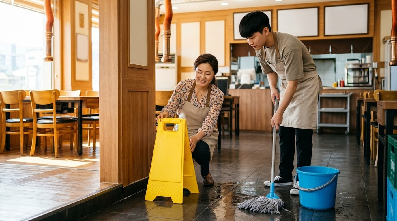 젖은 바닥 주의 표지판 옆에서 직원과 매장 안전 상태를 점검하는 음식점 사장