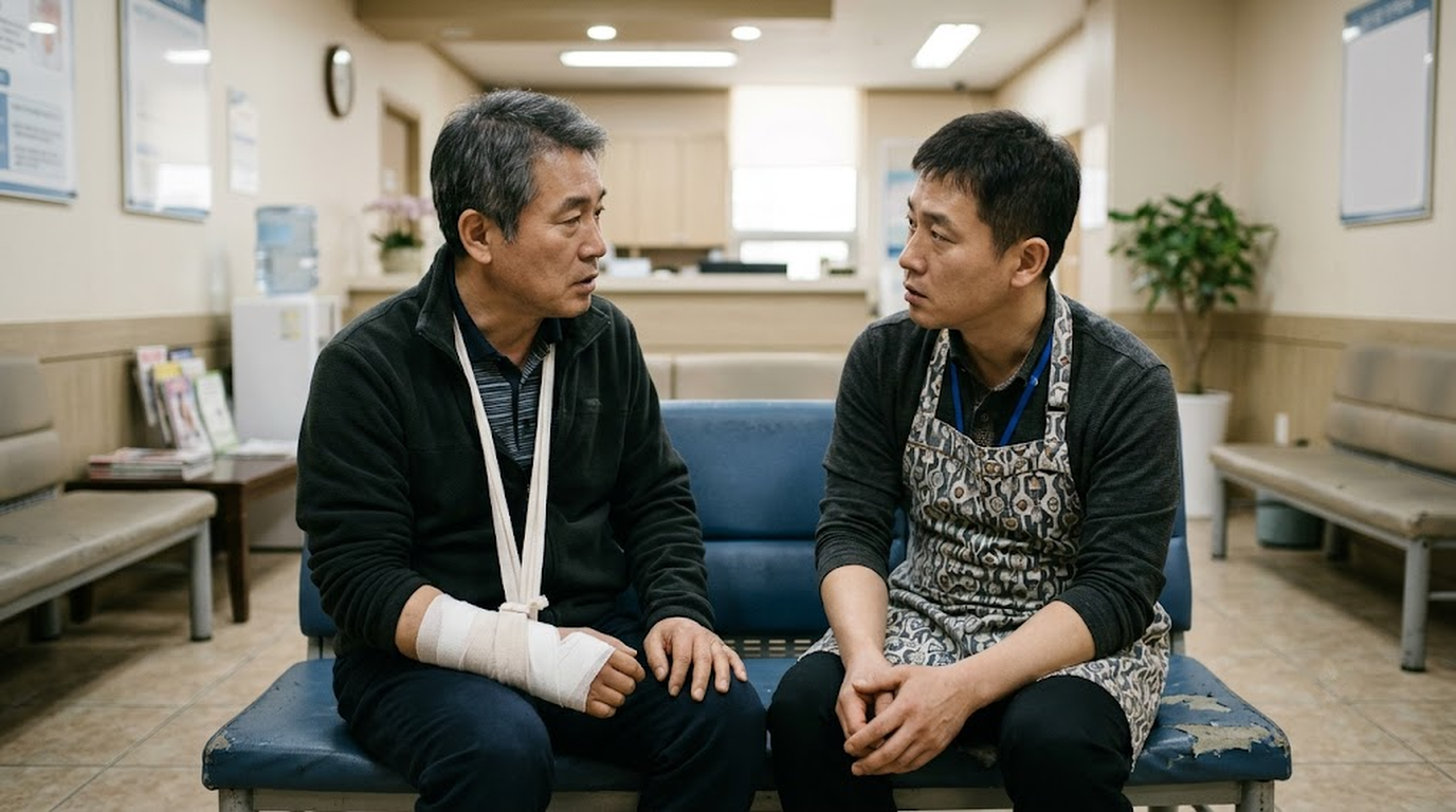 병원 대기실에서 다친 손님과 치료비 이야기를 나누는 음식점 사장