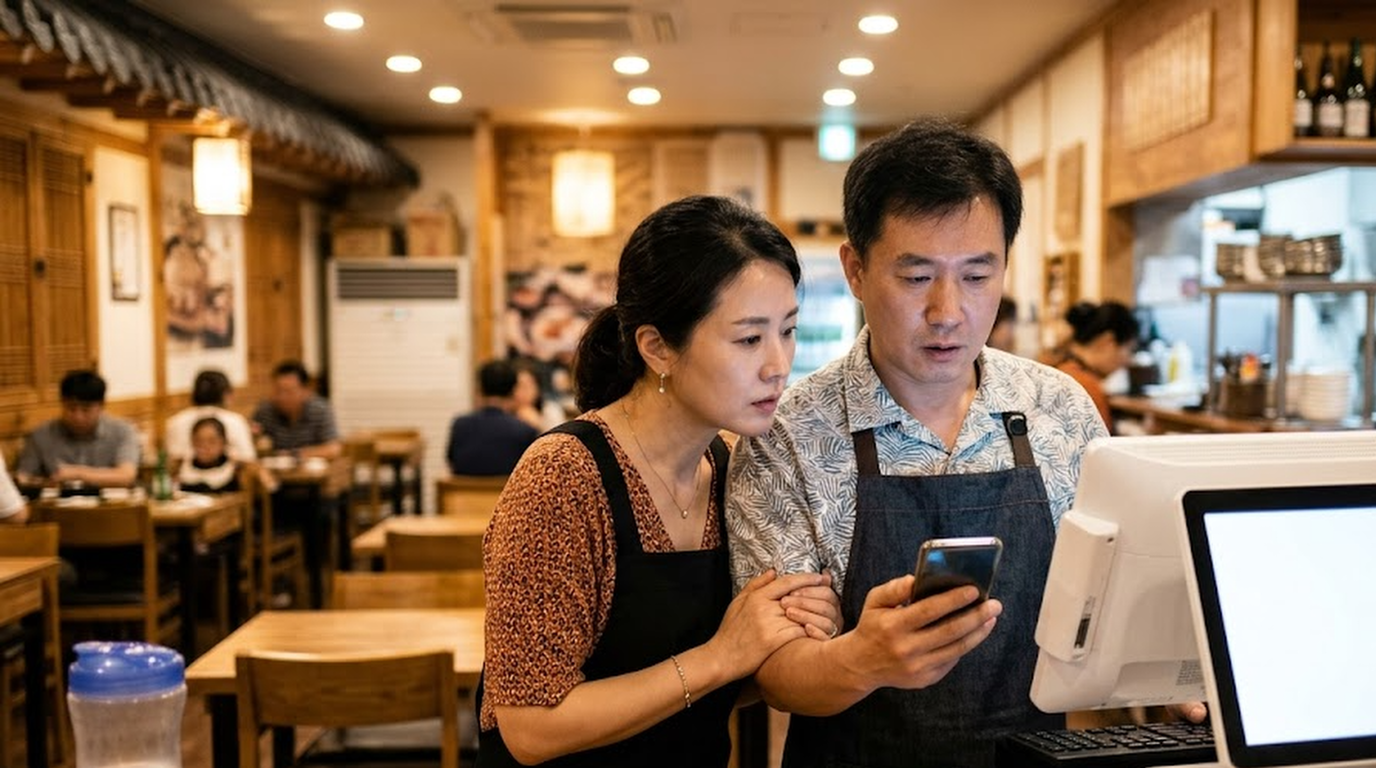 매장 카운터에서 사고 현장 사진과 CCTV를 확인하며 영업배상책임보험 접수를 준비하는 사장 부부