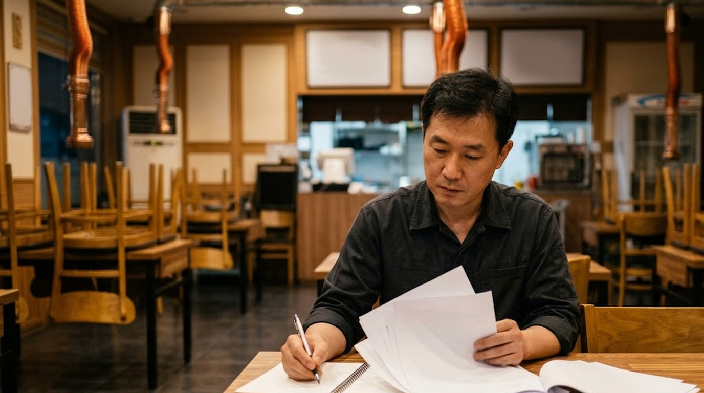 영업을 마친 매장 테이블에서 화재보험 증권의 영업배상책임보험 특약을 확인하는 30대 사장