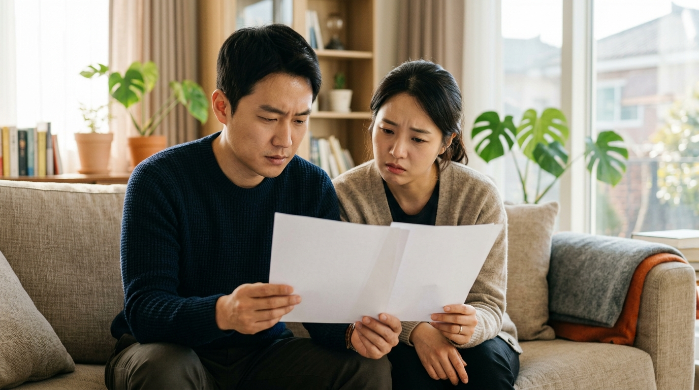 보험 효자 특약을 해지할지 고민하며 거실에서 증권을 함께 보는 30대 부부