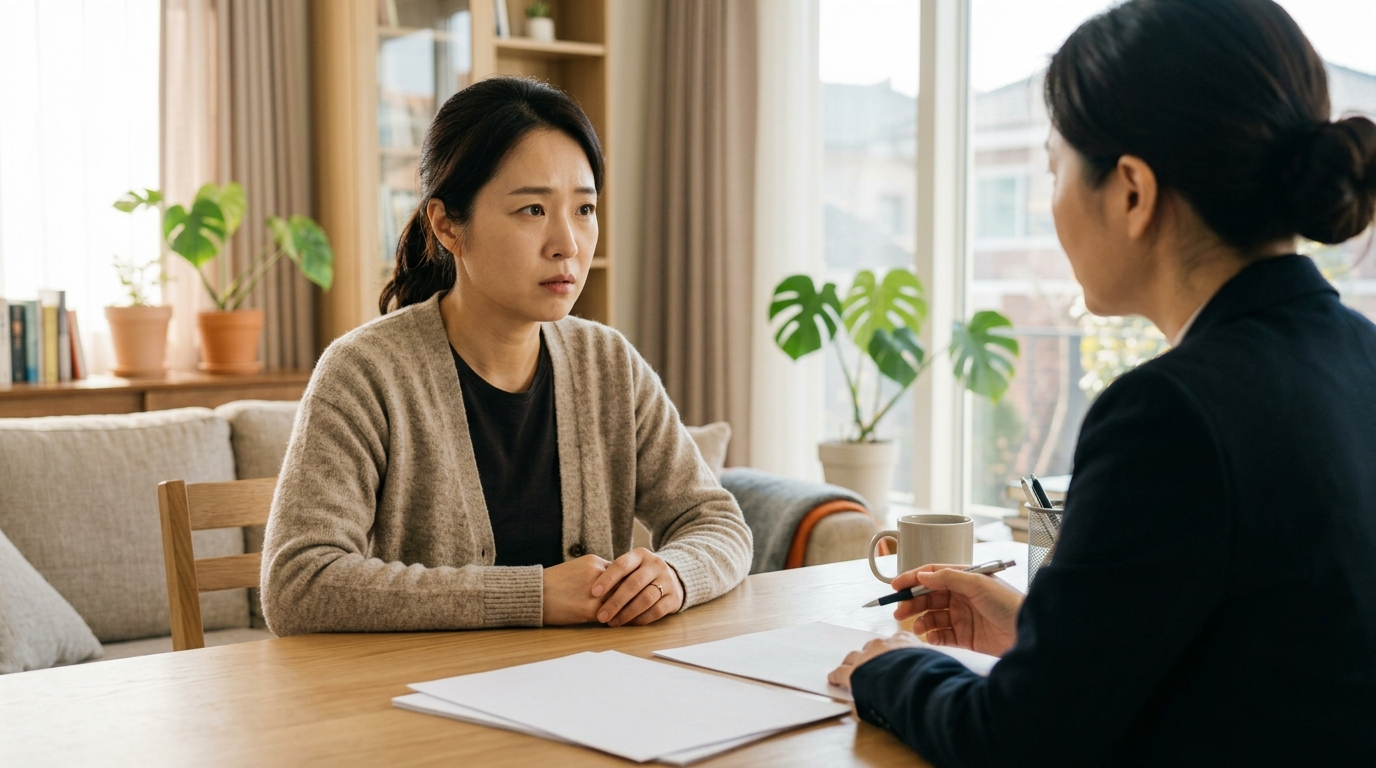 보험 효자 특약인 비례형 암주요치료비 보장을 상담 테이블에서 설명 듣는 중년 여성