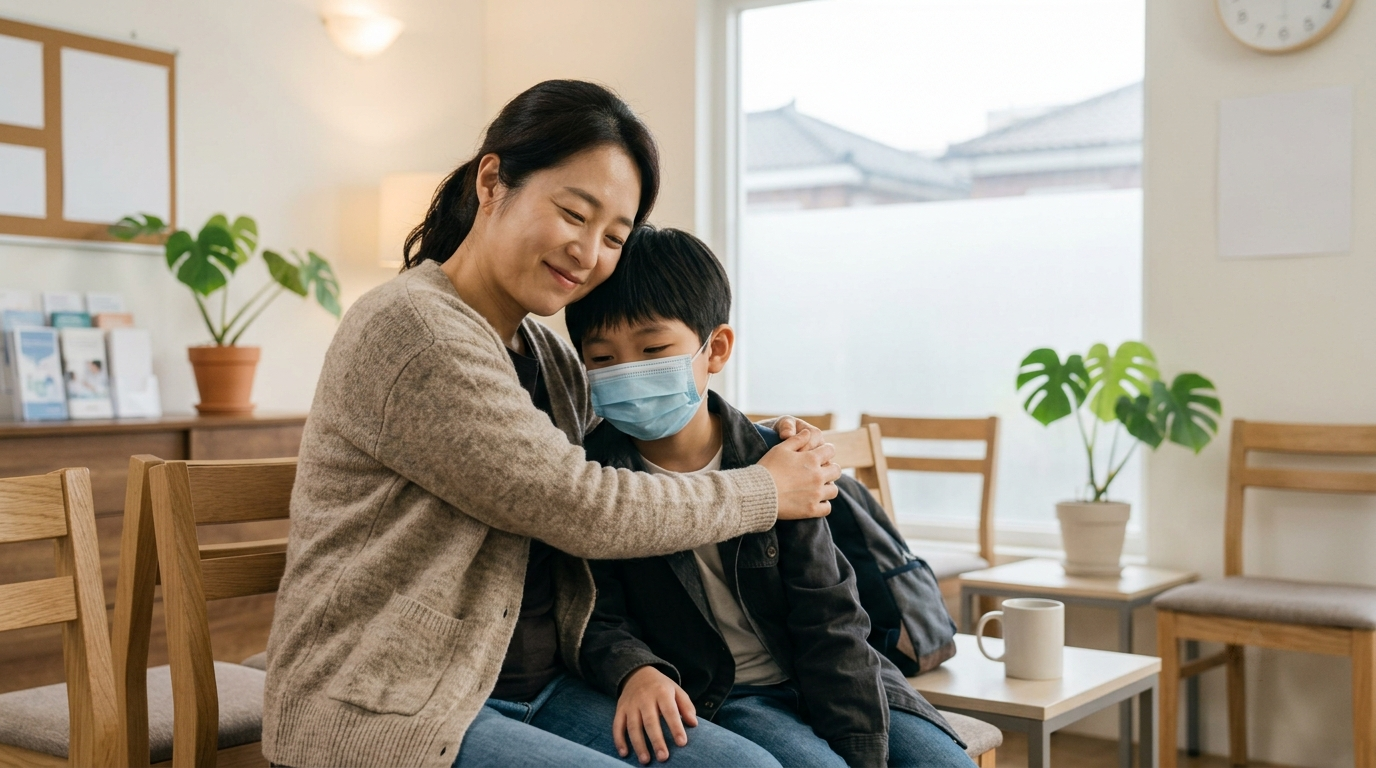 보험 효자 특약인 독감 치료비 덕분에 병원 대기실에서 안도하는 엄마와 아이