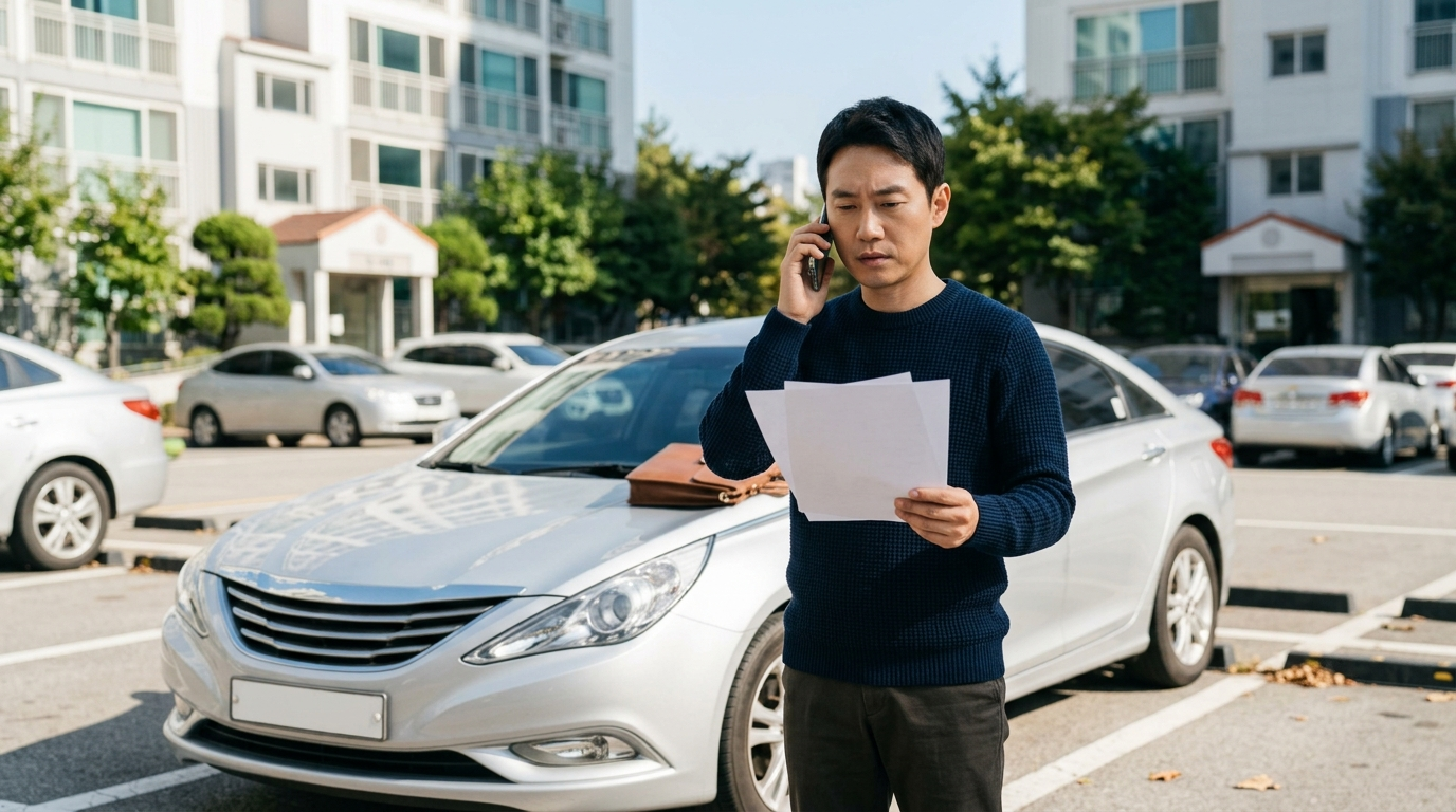 보험 효자 특약인 자동차사고부상치료비를 확인하려고 차 옆에서 통화하는 남성 운전자