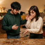 저녁 모임 뒤 거실 바닥의 깨진 유리컵 앞에서 일상배상책임보험 보상 범위를 떠올리며 당황한 20대 커플