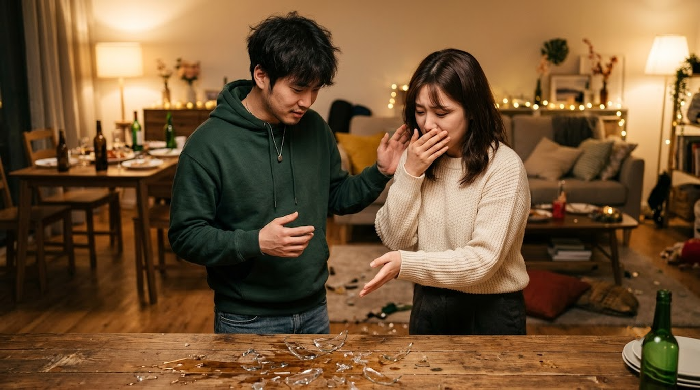저녁 모임 뒤 거실 바닥의 깨진 유리컵 앞에서 일상배상책임보험 보상 범위를 떠올리며 당황한 20대 커플
