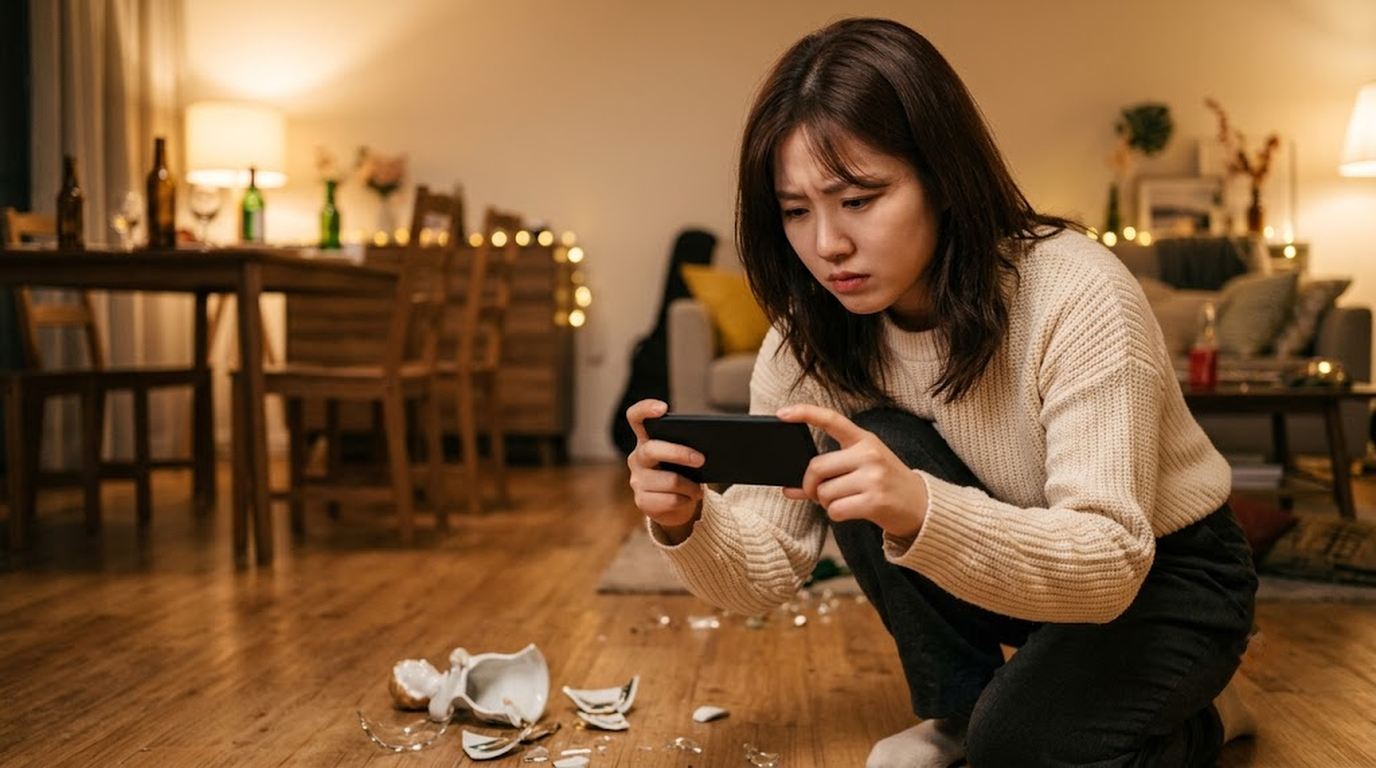 실수로 깬 물건을 휴대폰으로 촬영하며 일상배상책임보험 보상 범위를 확인하는 20대 여성