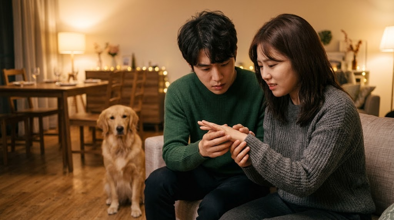 거실에서 강아지에게 물린 손등을 감싼 여자친구를 걱정스럽게 살피는 20대 남성 견주