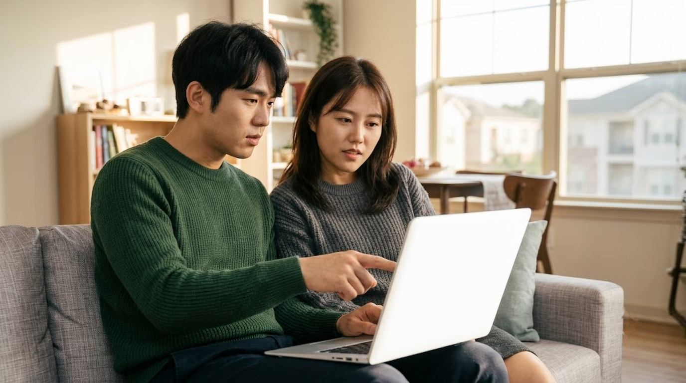 소파에서 노트북으로 일상배상책임보험 보상 범위와 가입 시기를 함께 확인하는 20대 커플