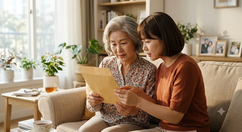 장기요양등급 보험금을 부모님과 함께 확인하는 가족의 모습