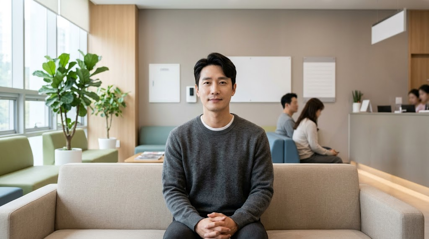 간판 없는 정신건강의학과 대기실 소파에 앉아 차분하게 순서를 기다리는 30대 남성