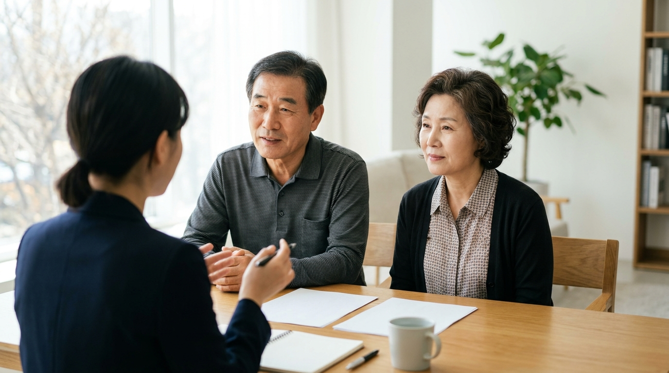 무사고 계약전환 조건을 상담 테이블에서 설명 듣는 60대 부부