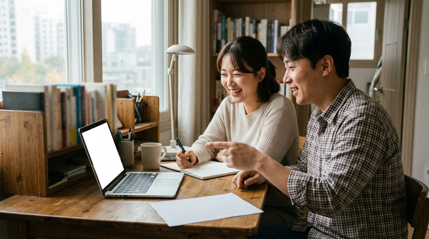 무사고 계약전환과 중복 보장을 노트북으로 함께 점검하는 30대 부부